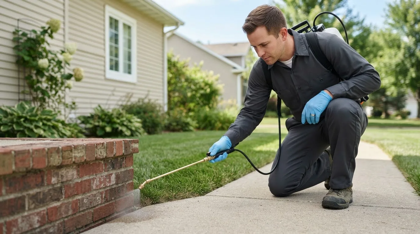 Pest control technician treating a home near Ogdensburg, NY