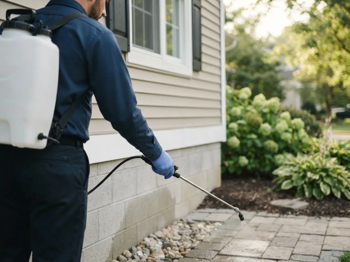 Pest control technician inspecting a home in Ogdensburg, NY
